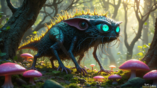 A collection of cute & adorable little-creatures from around the universe. In a photorealistic magical enchanted forest, the surface is covered in vibrant green moss, clusters of bioluminescent mushrooms. With delicate wildflowers blooming in impossible colors — violet, gold, crimson, as adorable little creatures rise from a misty forest floor. A hyper-realistic photo of hybrid creatures, like a adorable baby elephant, no bigger than a human palm. A foxlike creature, with red eyes, fluffy soft fur, and rows of sharp, serrated teeth. A chimera like weird creature, with crazy alien eyes, cyberpunk style. A hyper realistic portrait of a prehensile-tailed opossum, vibrantly colored, illuminated only by moonlight filtering through leaves in the darkness of night.