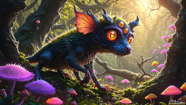 A collection of cute & adorable little-creatures from around the universe. In a photorealistic magical enchanted forest, the surface is covered in vibrant green moss, clusters of bioluminescent mushrooms. With delicate wildflowers blooming in impossible colors — violet, gold, crimson, as adorable little creatures rise from a misty forest floor. A hyper-realistic photo of hybrid creatures, like a adorable baby elephant, no bigger than a human palm. A foxlike creature, with red eyes, fluffy soft fur, and rows of sharp, serrated teeth. A chimera like weird creature, with crazy alien eyes, cyberpunk style. A hyper realistic portrait of a prehensile-tailed opossum, vibrantly colored, illuminated only by moonlight filtering through leaves in the darkness of night.