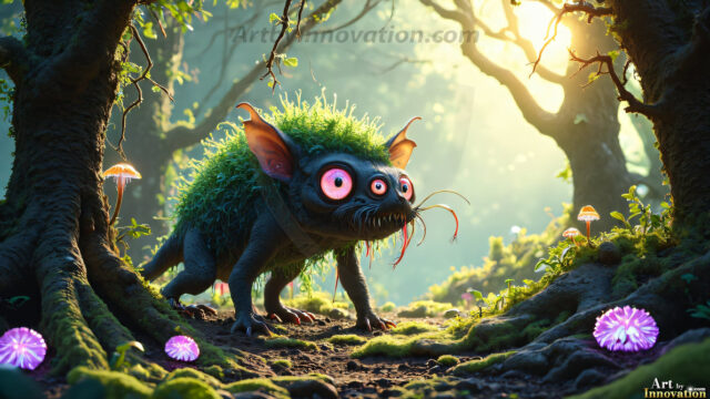 A collection of cute & adorable little-creatures from around the universe. In a photorealistic magical enchanted forest, the surface is covered in vibrant green moss, clusters of bioluminescent mushrooms. With delicate wildflowers blooming in impossible colors — violet, gold, crimson, as adorable little creatures rise from a misty forest floor. A hyper-realistic photo of hybrid creatures, like a adorable baby elephant, no bigger than a human palm. A foxlike creature, with red eyes, fluffy soft fur, and rows of sharp, serrated teeth. A chimera like weird creature, with crazy alien eyes, cyberpunk style. A hyper realistic portrait of a prehensile-tailed opossum, vibrantly colored, illuminated only by moonlight filtering through leaves in the darkness of night.