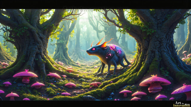 A collection of cute & adorable little-creatures from around the universe. In a photorealistic magical enchanted forest, the surface is covered in vibrant green moss, clusters of bioluminescent mushrooms. With delicate wildflowers blooming in impossible colors — violet, gold, crimson, as adorable little creatures rise from a misty forest floor. A hyper-realistic photo of hybrid creatures, like a adorable baby elephant, no bigger than a human palm. A foxlike creature, with red eyes, fluffy soft fur, and rows of sharp, serrated teeth. A chimera like weird creature, with crazy alien eyes, cyberpunk style. A hyper realistic portrait of a prehensile-tailed opossum, vibrantly colored, illuminated only by moonlight filtering through leaves in the darkness of night.