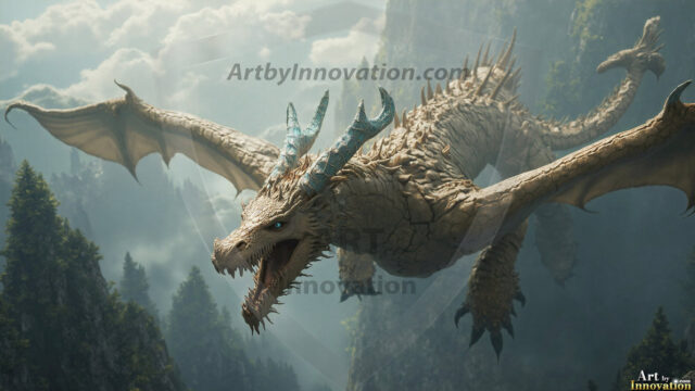 AI dragon fantasy art featuring colossal mythical beasts soaring over modern cities with breathtaking scale, detail and raw power.