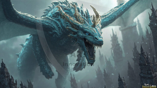 AI dragon fantasy art featuring colossal mythical beasts soaring over modern cities with breathtaking scale, detail and raw power.