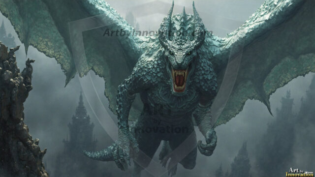 AI dragon fantasy art featuring colossal mythical beasts soaring over modern cities with breathtaking scale, detail and raw power.