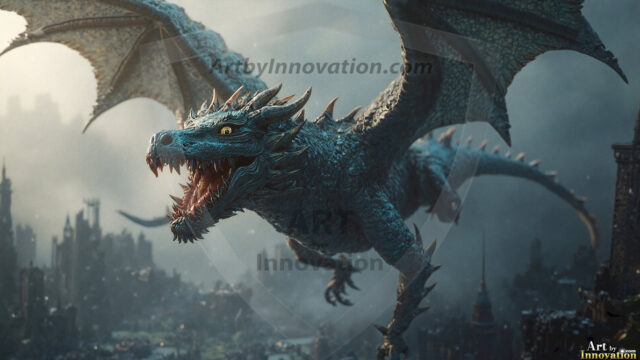 AI dragon fantasy art featuring colossal mythical beasts soaring over modern cities with breathtaking scale, detail and raw power.