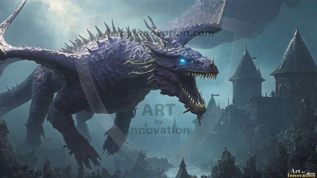 AI dragon fantasy art featuring colossal mythical beasts soaring over modern cities with breathtaking scale, detail and raw power.