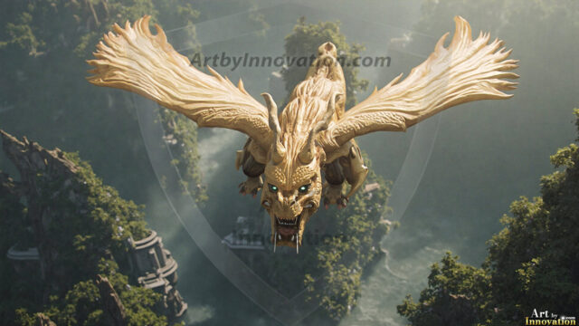 AI dragon fantasy art featuring colossal mythical beasts soaring over modern cities with breathtaking scale, detail and raw power.