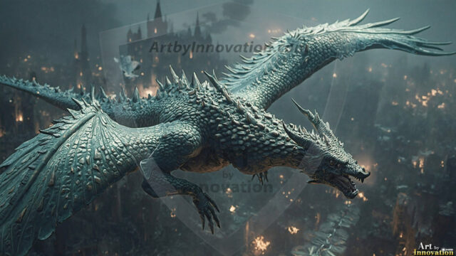 AI dragon fantasy art featuring colossal mythical beasts soaring over modern cities with breathtaking scale, detail and raw power.