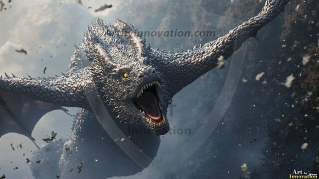 AI dragon fantasy art featuring colossal mythical beasts soaring over modern cities with breathtaking scale, detail and raw power.