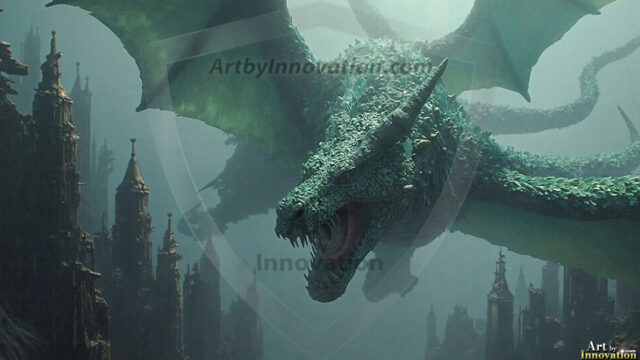 AI dragon fantasy art featuring colossal mythical beasts soaring over modern cities with breathtaking scale, detail and raw power.