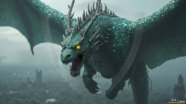 AI dragon fantasy art featuring colossal mythical beasts soaring over modern cities with breathtaking scale, detail and raw power.
