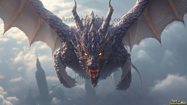 AI dragon fantasy art featuring colossal mythical beasts soaring over modern cities with breathtaking scale, detail and raw power.