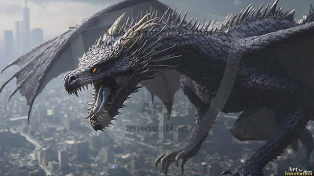 AI dragon fantasy art featuring colossal mythical beasts soaring over modern cities with breathtaking scale, detail and raw power.