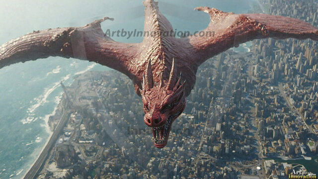 AI dragon fantasy art featuring colossal mythical beasts soaring over modern cities with breathtaking scale, detail and raw power.