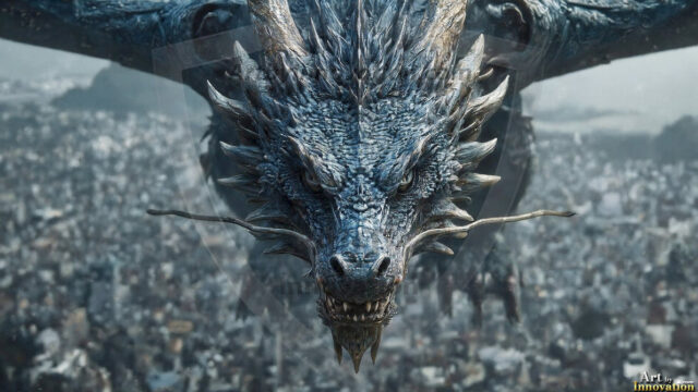 AI dragon fantasy art featuring colossal mythical beasts soaring over modern cities with breathtaking scale, detail and raw power.