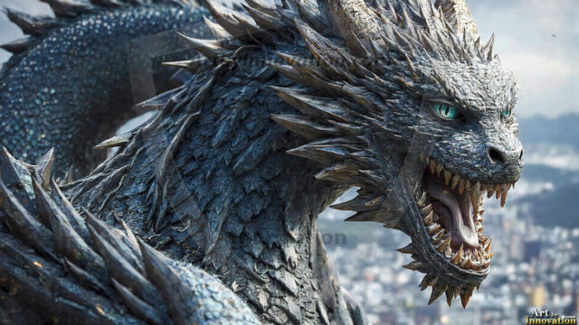 AI dragon fantasy art featuring colossal mythical beasts soaring over modern cities with breathtaking scale, detail and raw power.