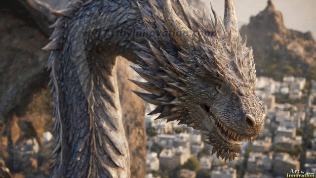 AI dragon fantasy art featuring colossal mythical beasts soaring over modern cities with breathtaking scale, detail and raw power.