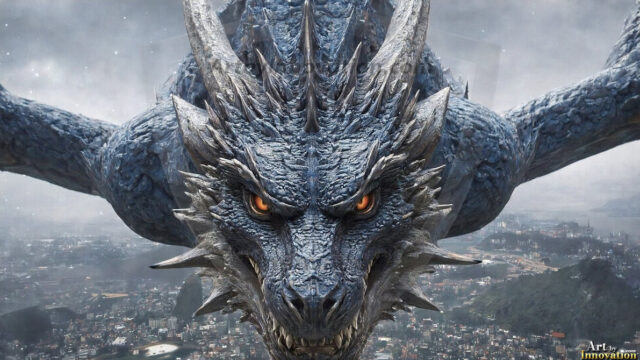 AI dragon fantasy art featuring colossal mythical beasts soaring over modern cities with breathtaking scale, detail and raw power.