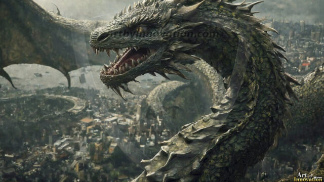 AI dragon fantasy art featuring colossal mythical beasts soaring over modern cities with breathtaking scale, detail and raw power.