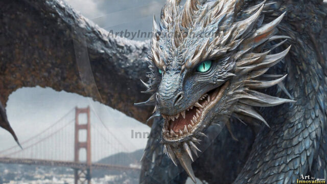 AI dragon fantasy art featuring colossal mythical beasts soaring over modern cities with breathtaking scale, detail and raw power.