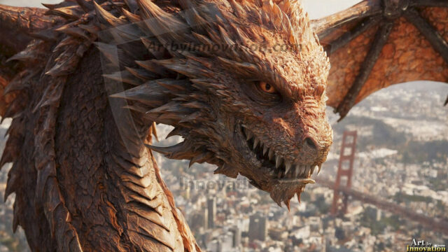 AI dragon fantasy art featuring colossal mythical beasts soaring over modern cities with breathtaking scale, detail and raw power.