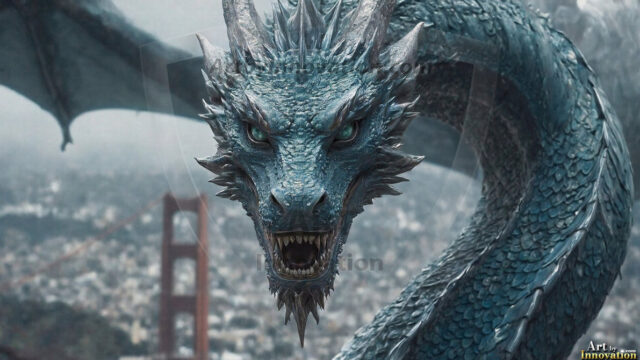 AI dragon fantasy art featuring colossal mythical beasts soaring over modern cities with breathtaking scale, detail and raw power.