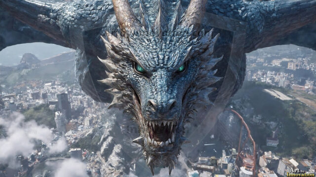 AI dragon fantasy art featuring colossal mythical beasts soaring over modern cities with breathtaking scale, detail and raw power.