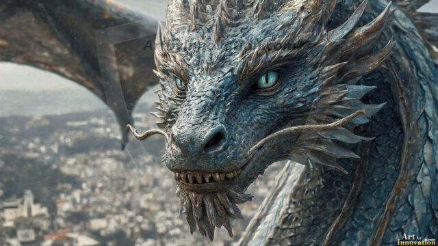 AI dragon fantasy art featuring colossal mythical beasts soaring over modern cities with breathtaking scale, detail and raw power.