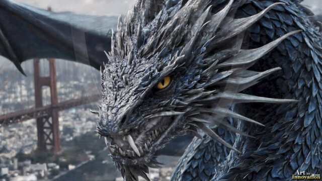 AI dragon fantasy art featuring colossal mythical beasts soaring over modern cities with breathtaking scale, detail and raw power.