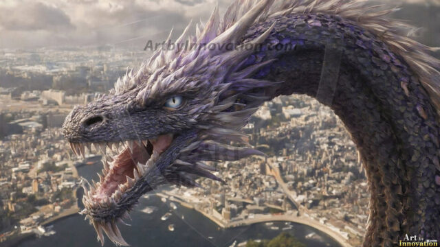 AI dragon fantasy art featuring colossal mythical beasts soaring over modern cities with breathtaking scale, detail and raw power.