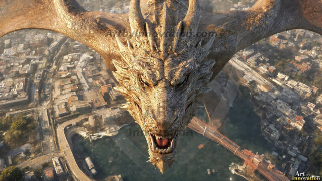 AI dragon fantasy art featuring colossal mythical beasts soaring over modern cities with breathtaking scale, detail and raw power.