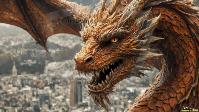 AI dragon fantasy art featuring colossal mythical beasts soaring over modern cities with breathtaking scale, detail and raw power.