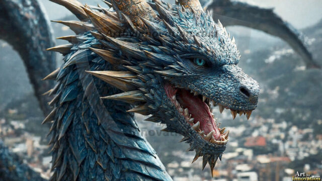 AI dragon fantasy art featuring colossal mythical beasts soaring over modern cities with breathtaking scale, detail and raw power.