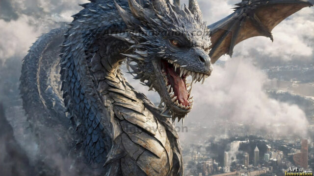 AI dragon fantasy art featuring colossal mythical beasts soaring over modern cities with breathtaking scale, detail and raw power.