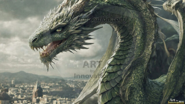 AI dragon fantasy art featuring colossal mythical beasts soaring over modern cities with breathtaking scale, detail and raw power.