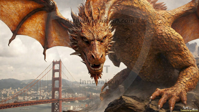 AI dragon fantasy art featuring colossal mythical beasts soaring over modern cities with breathtaking scale, detail and raw power.