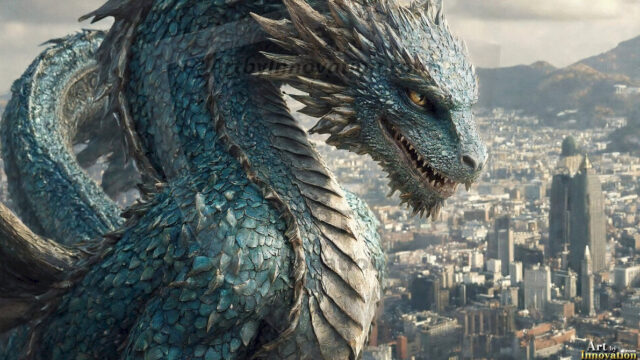 AI dragon fantasy art featuring colossal mythical beasts soaring over modern cities with breathtaking scale, detail and raw power.