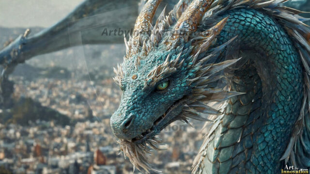 AI dragon fantasy art featuring colossal mythical beasts soaring over modern cities with breathtaking scale, detail and raw power.