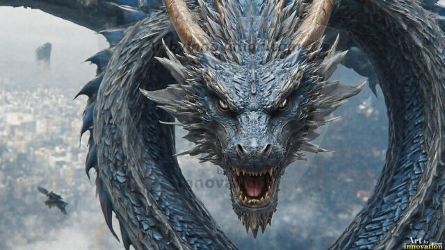 AI dragon fantasy art featuring colossal mythical beasts soaring over modern cities with breathtaking scale, detail and raw power.