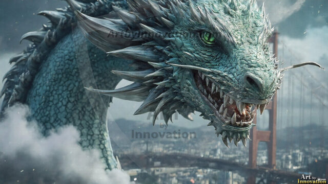 AI dragon fantasy art featuring colossal mythical beasts soaring over modern cities with breathtaking scale, detail and raw power.