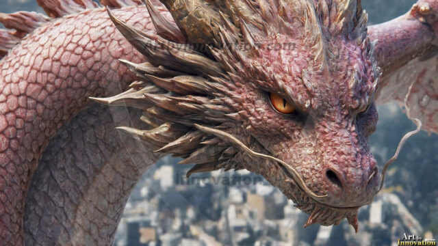 AI dragon fantasy art featuring colossal mythical beasts soaring over modern cities with breathtaking scale, detail and raw power.