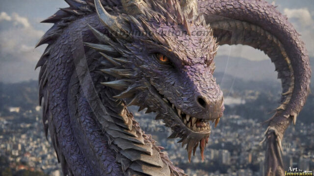 AI dragon fantasy art featuring colossal mythical beasts soaring over modern cities with breathtaking scale, detail and raw power.