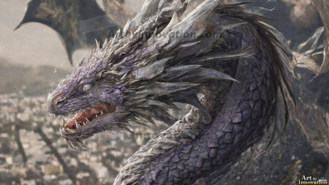 AI dragon fantasy art featuring colossal mythical beasts soaring over modern cities with breathtaking scale, detail and raw power.