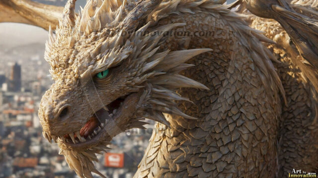 AI dragon fantasy art featuring colossal mythical beasts soaring over modern cities with breathtaking scale, detail and raw power.