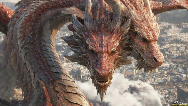 AI dragon fantasy art featuring colossal mythical beasts soaring over modern cities with breathtaking scale, detail and raw power.