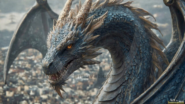 AI dragon fantasy art featuring colossal mythical beasts soaring over modern cities with breathtaking scale, detail and raw power.