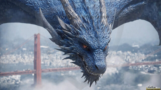 AI dragon fantasy art featuring colossal mythical beasts soaring over modern cities with breathtaking scale, detail and raw power.