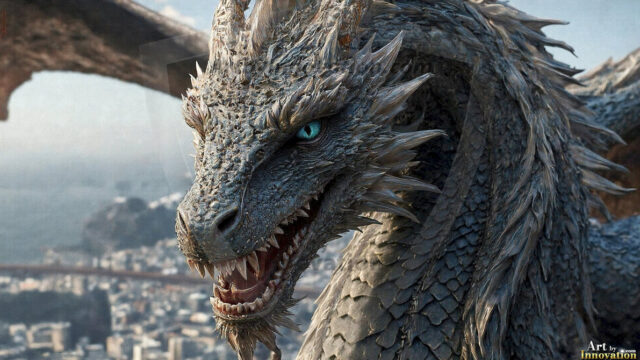 AI dragon fantasy art featuring colossal mythical beasts soaring over modern cities with breathtaking scale, detail and raw power.