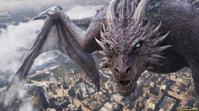 AI dragon fantasy art featuring colossal mythical beasts soaring over modern cities with breathtaking scale, detail and raw power.