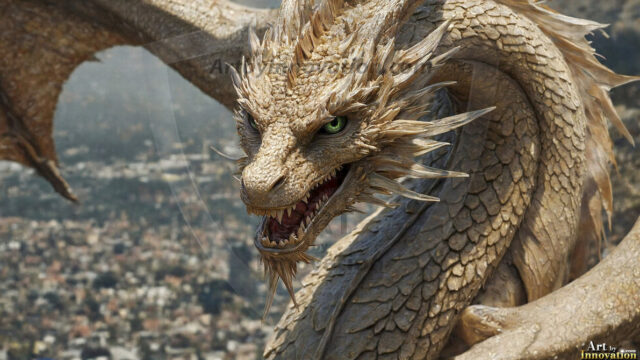 AI dragon fantasy art featuring colossal mythical beasts soaring over modern cities with breathtaking scale, detail and raw power.