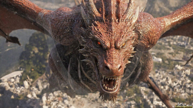 AI dragon fantasy art featuring colossal mythical beasts soaring over modern cities with breathtaking scale, detail and raw power.